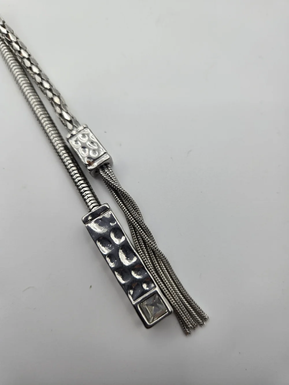 Chico's Silvertone Lariat Necklace Tassel Hammered Bar Rhinestone Accent Classic